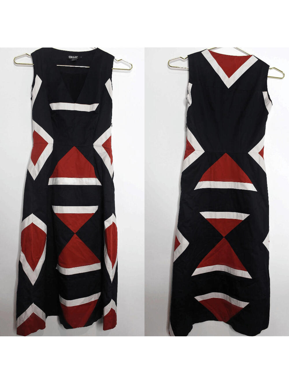 DKNY Geometric Burgundy Black Cream A Line Sleeveless Dress - 2